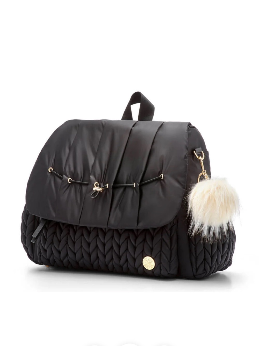 Black Quilted Puffy Backpack with Cream Fur Pom Charm, Changing pad & pouches